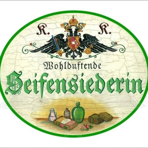 KuK Nostalgie Holzschild - Wohlduftende Seifensiederin - Flaschen Öl TH (Größe: