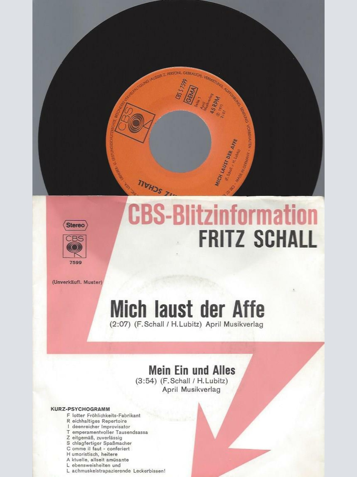 7" Fritz Schall – Mich Laust Der Affe / Promo