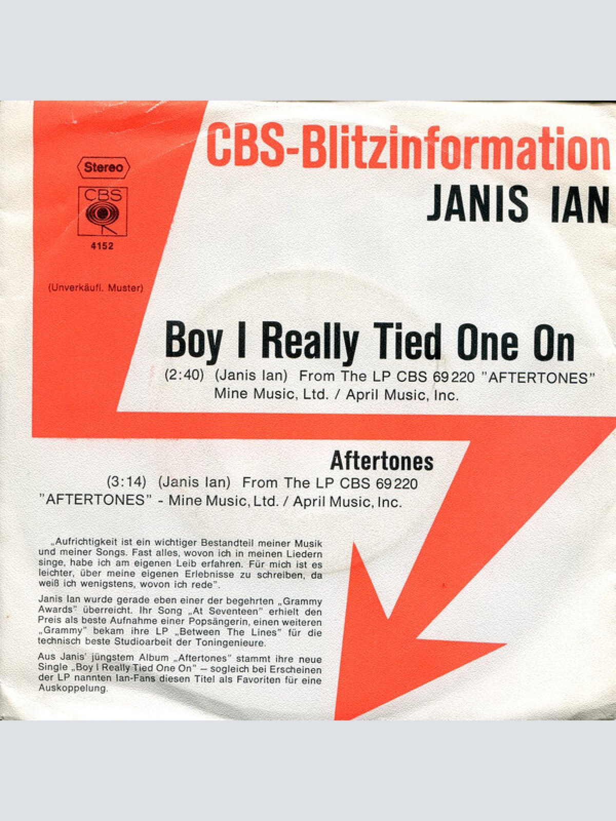 7", Promo Janis Ian - Boy I Really Tied One On