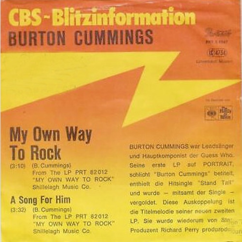 7", Single, Promo Burton Cummings - My Own Way To Rock / A Song For Him