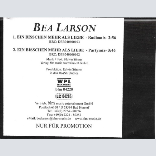 CD, Single, Promo Bea Larson - Ein Bisschen Mehr Als Liebe