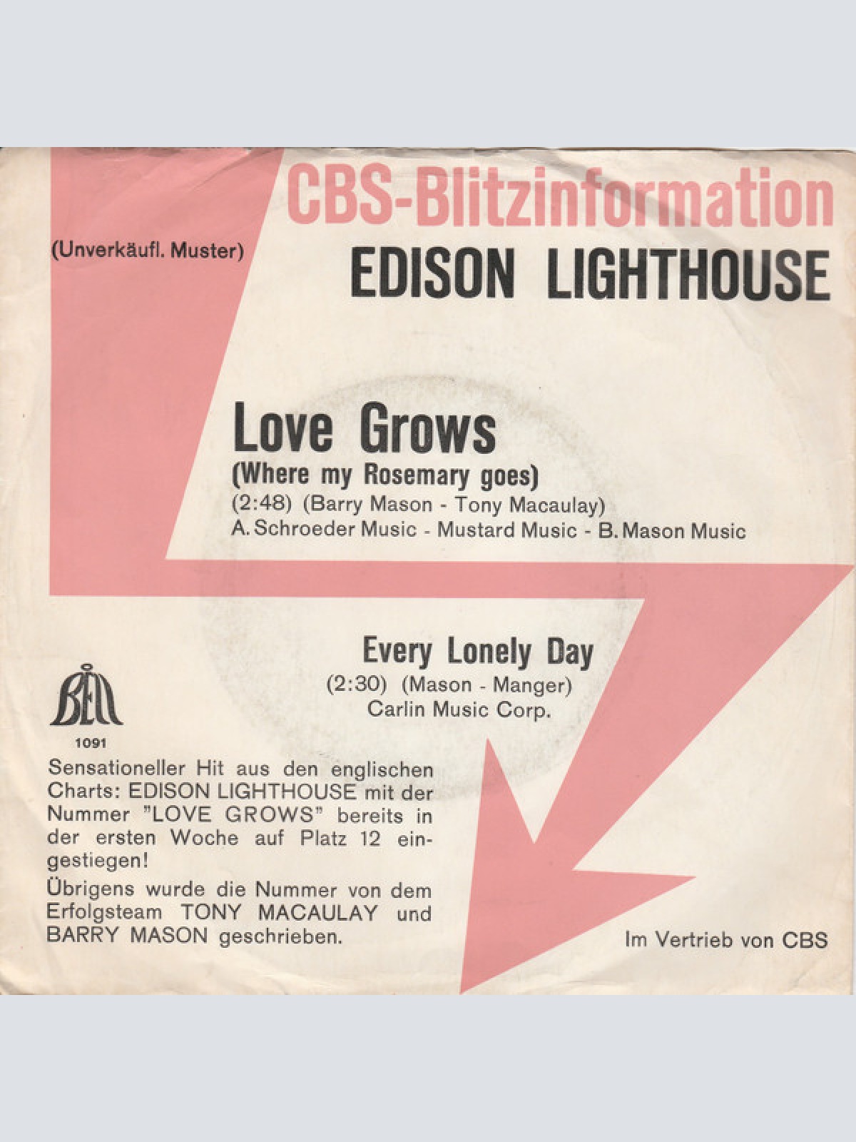 7", Single, Promo Edison Lighthouse - Love Grows (Where My Rosemary Goes)