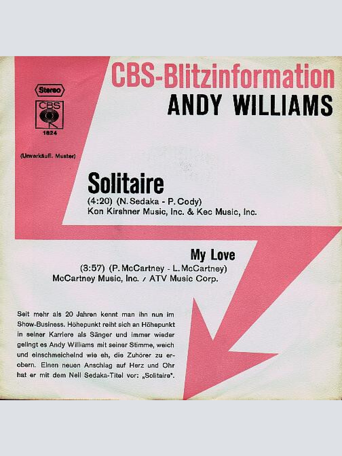 7", Single, Promo Andy Williams - Solitaire