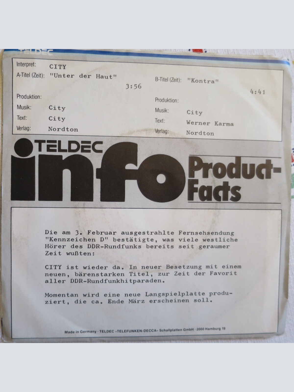 7", Single, Promo City (3) - Unter Der Haut