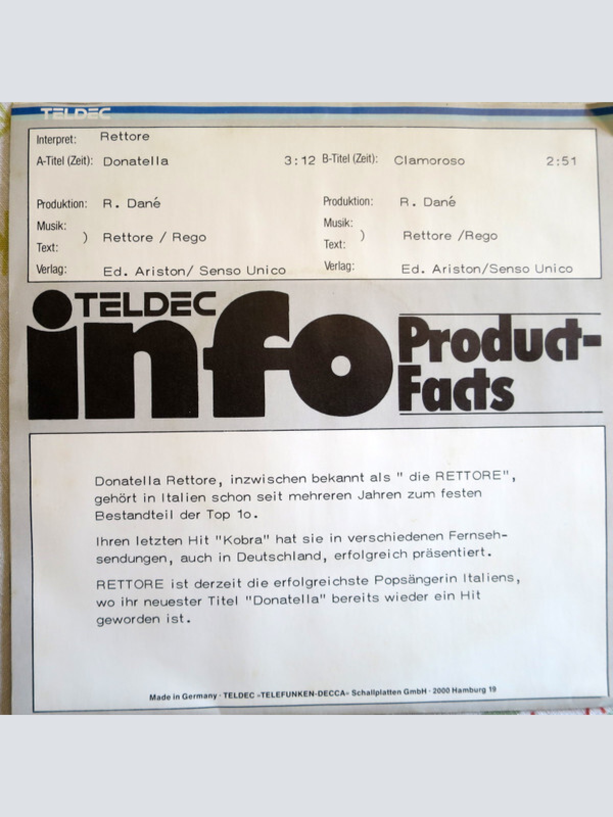 7", Single, Promo Rettore - Donatella