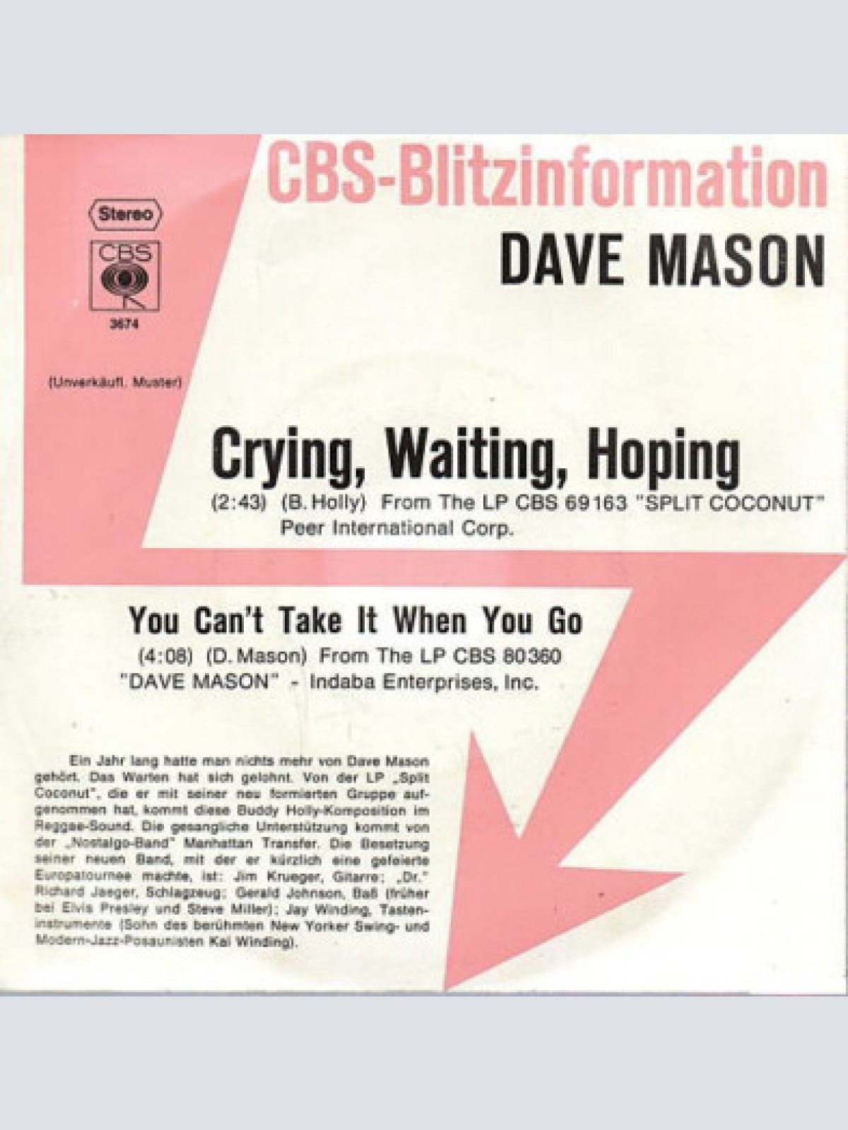 7", Single, Promo Dave Mason - Crying, Waiting, Hoping