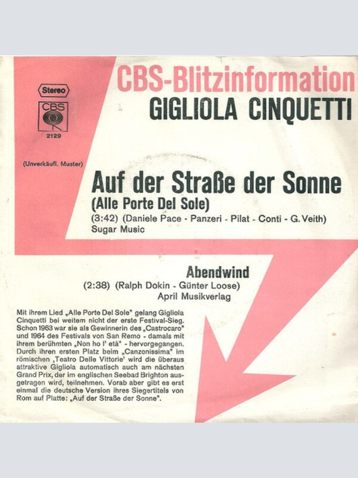 7", Single, Promo Gigliola Cinquetti - Auf Der Straße Der Sonne