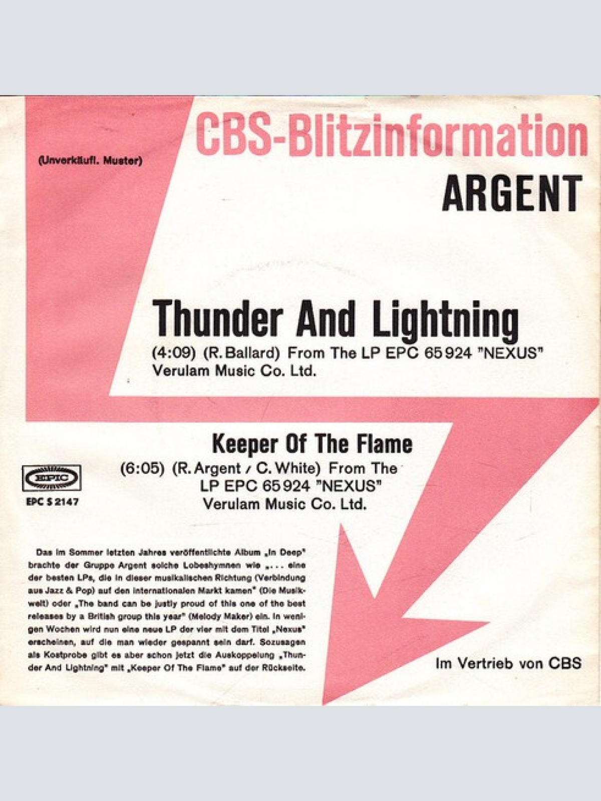7", Single, Promo Argent - Thunder And Lightning