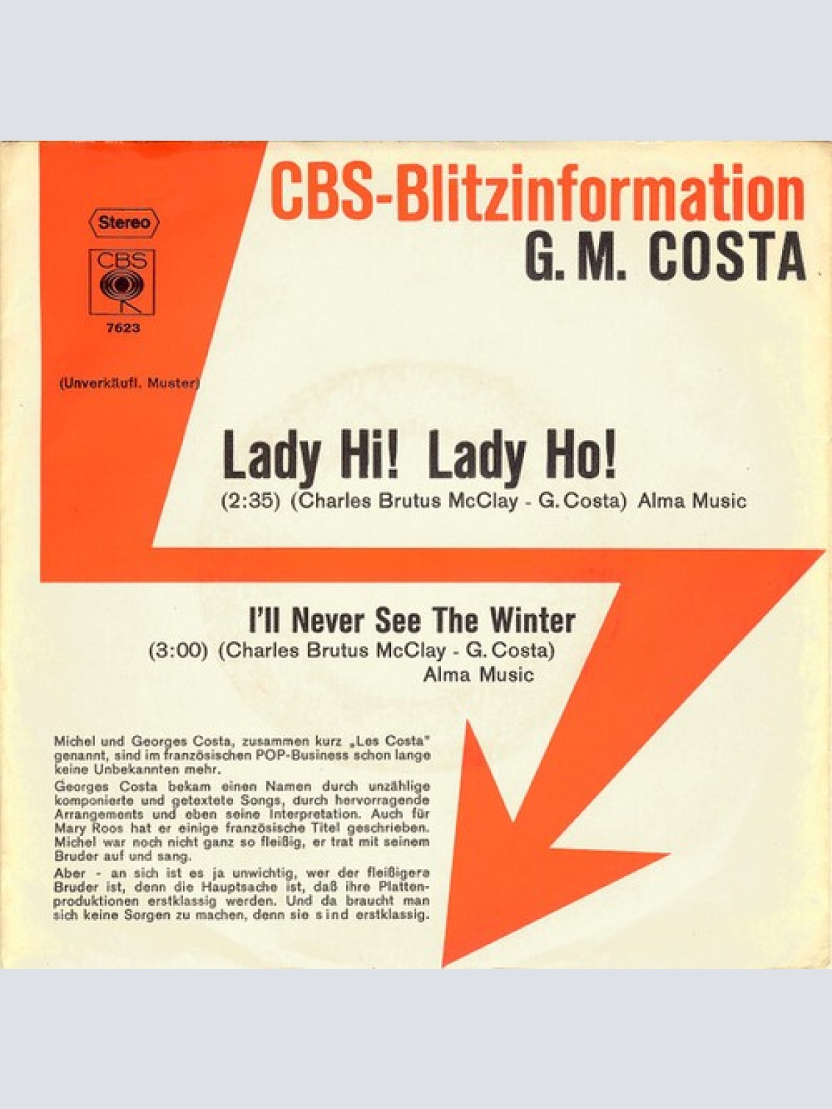 7", Single, Promo G. M. Costa* - Lady Hi! Lady Ho!