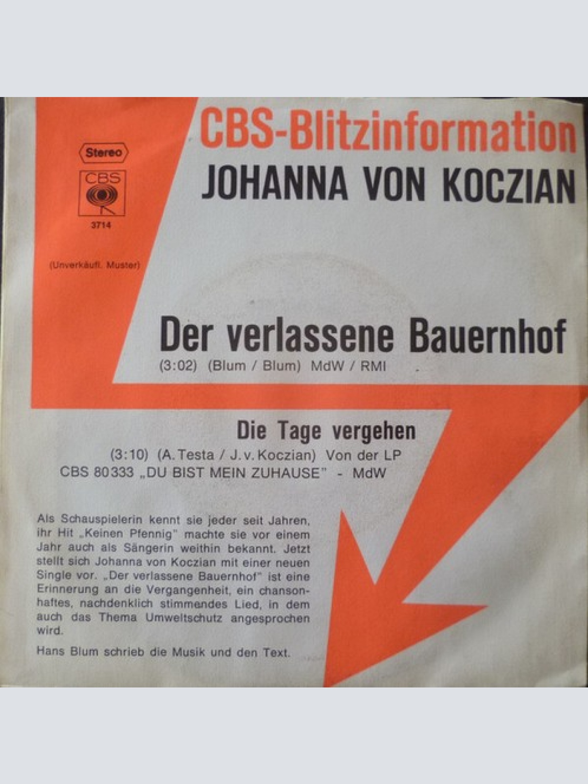 7", Single, Promo Johanna Von Koczian - Der Verlassene Bauernhof