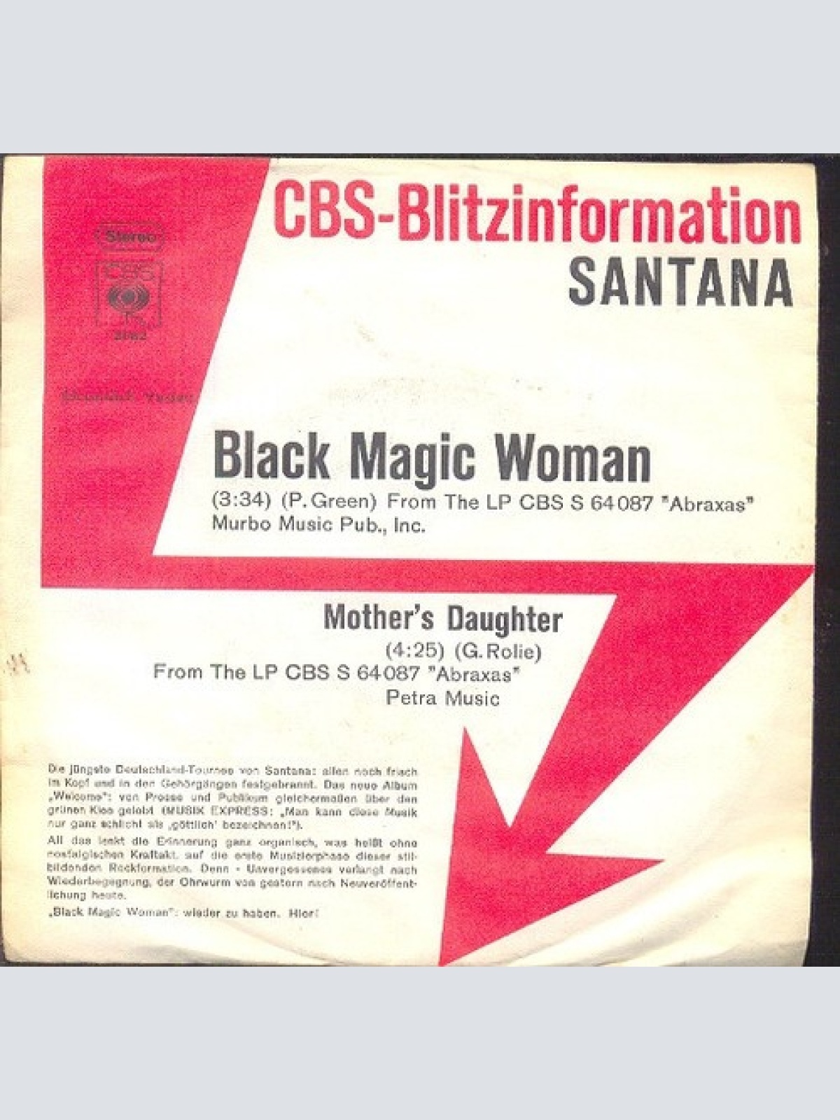 7", Single, Promo Santana - Black Magic Woman / Mother's Daughter