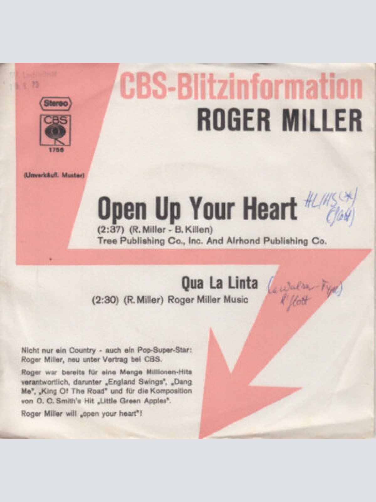 7", Single, Promo Roger Miller - Open Up Your Heart / Qua La Linta