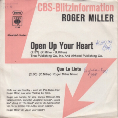7", Single, Promo Roger Miller - Open Up Your Heart / Qua La Linta