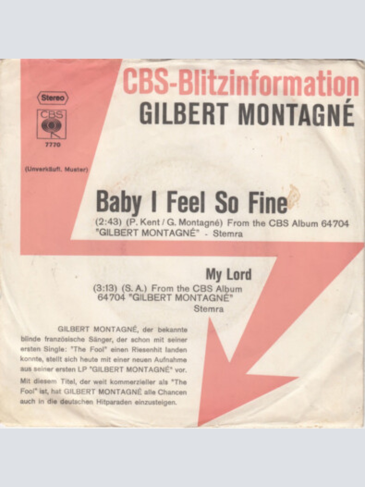 7", Single, Promo Gilbert Montagné - Baby I Feel So Fine
