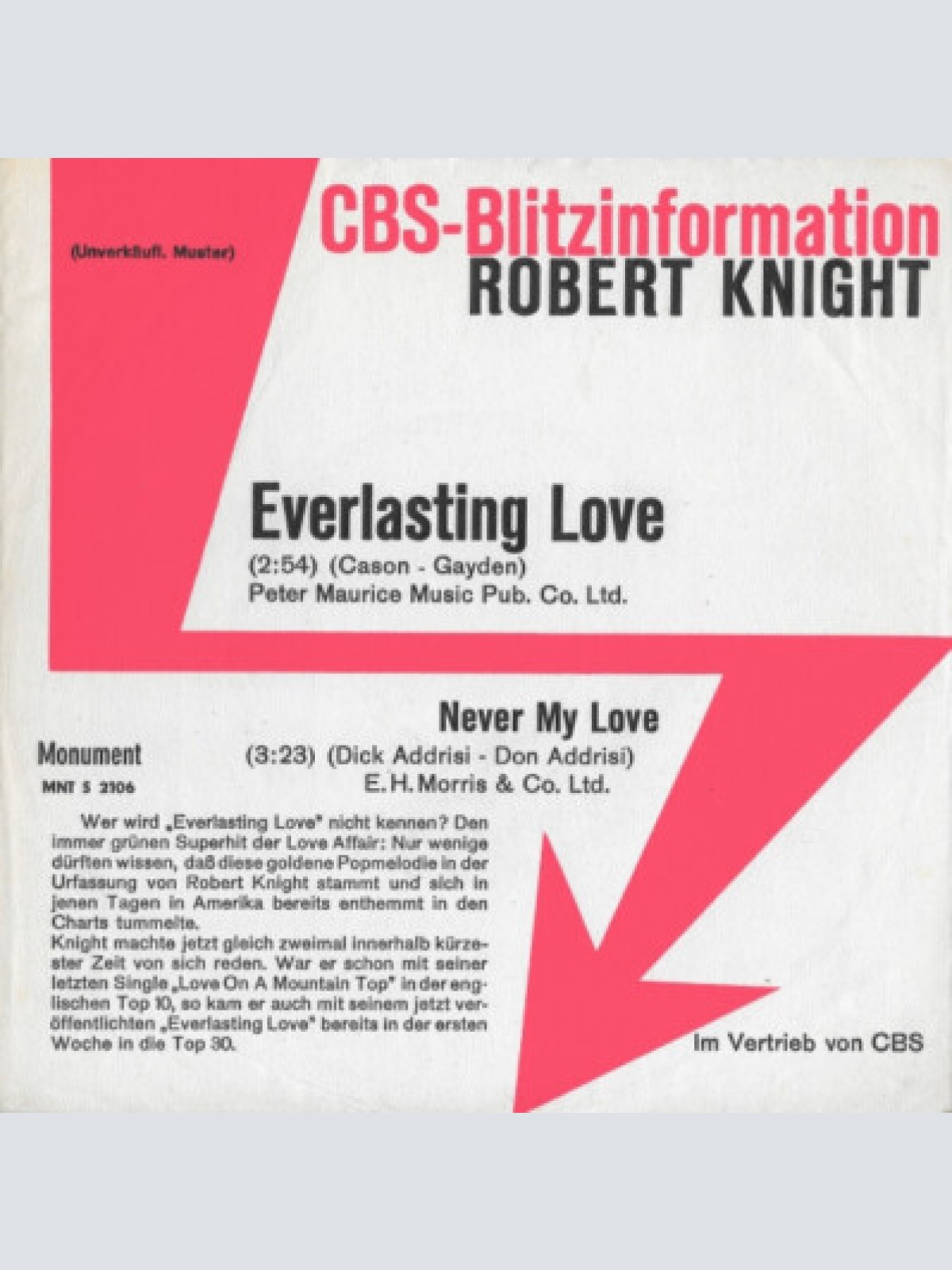 7", Single, Promo Robert Knight - Everlasting Love / Never My Love