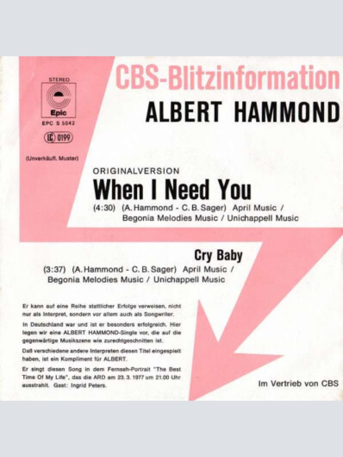 7", Single, Promo Albert Hammond - When I Need You / Cry Baby