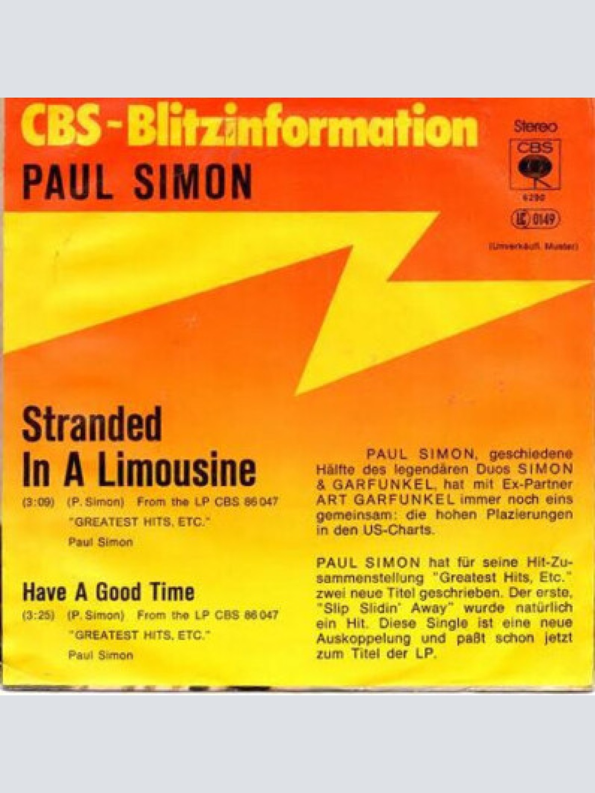 7", Single, Promo Paul Simon - Stranded In A Limousine