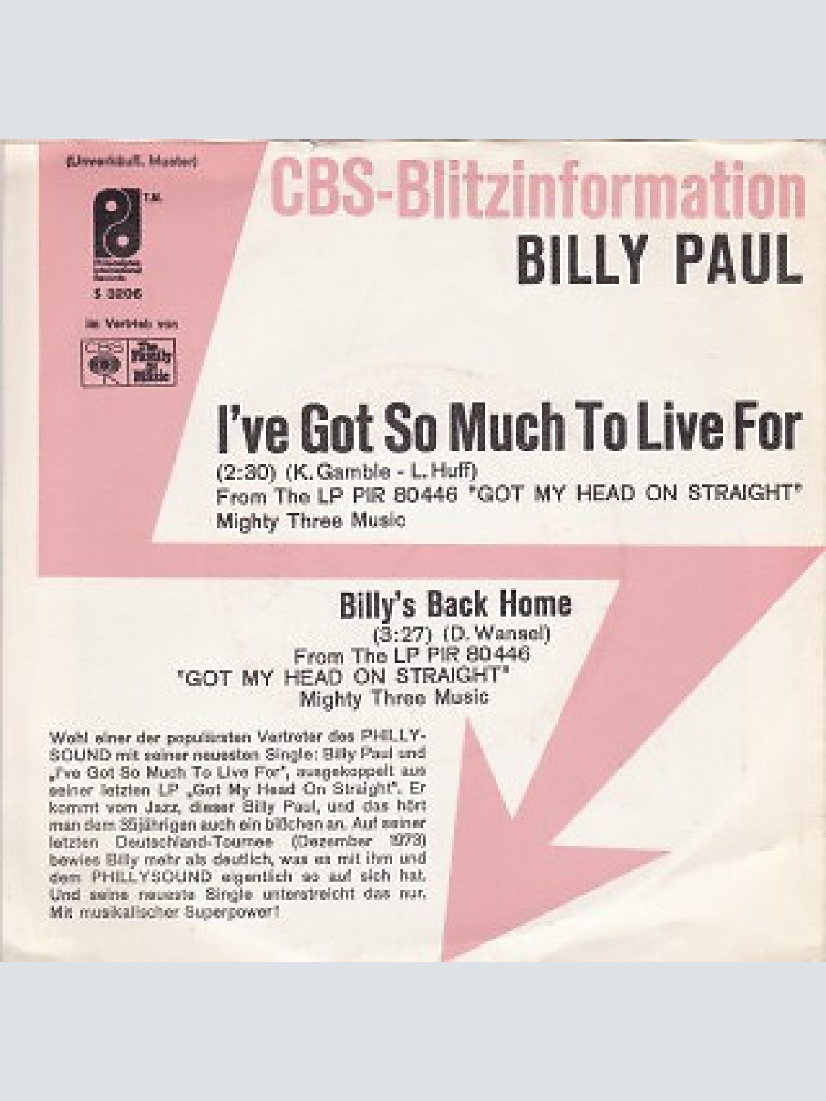 7", Single, Promo Billy Paul - I've Got So Much To Live For