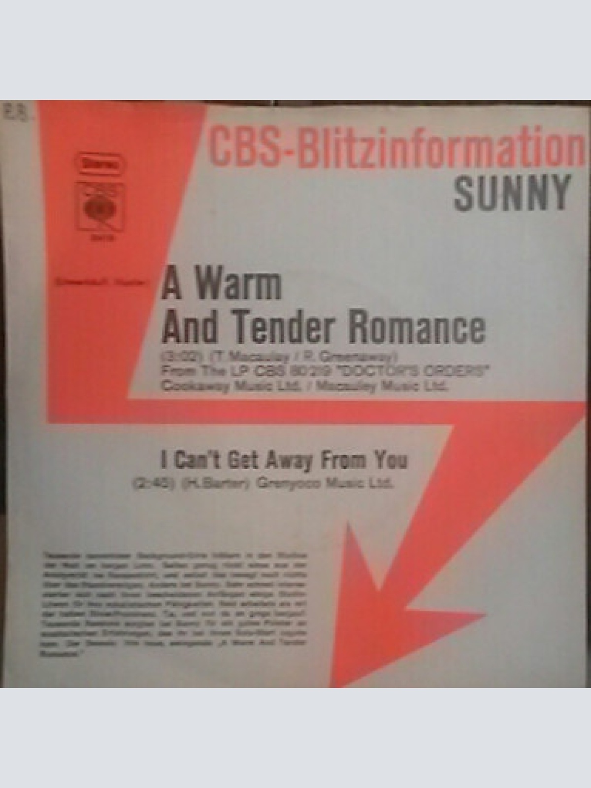 7", Single, Promo Sunny* - A Warm And Tender Romance