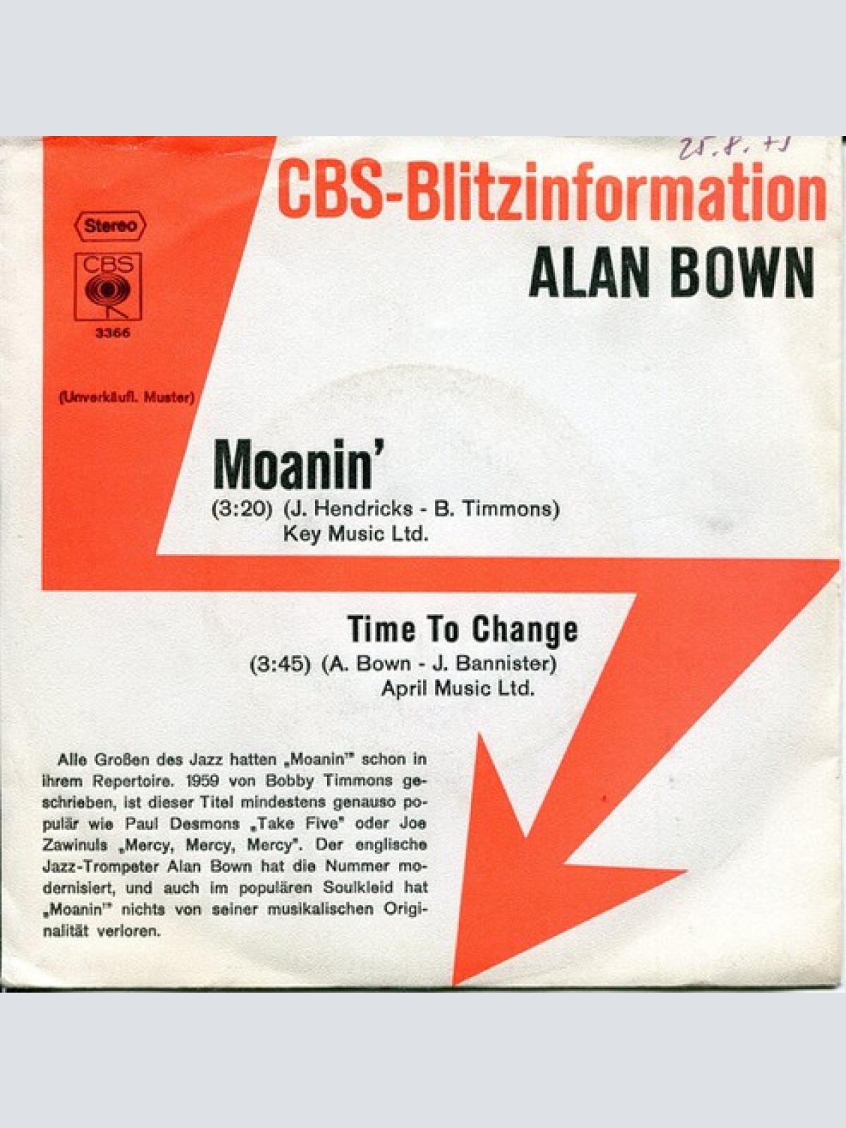 7", Single, Promo Alan Bown - Moanin'