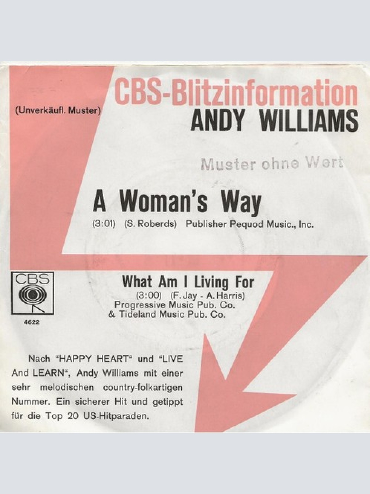 7", Single, Promo Andy Williams - A Woman's Way