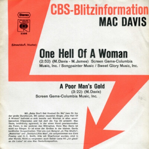 7", Single, Promo Mac Davis - One Hell Of A Woman / A Poor Man's Gold