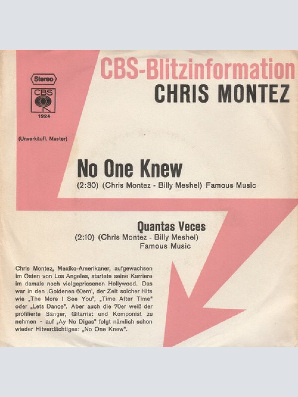 7", Single, Promo Chris Montez - No One Knew