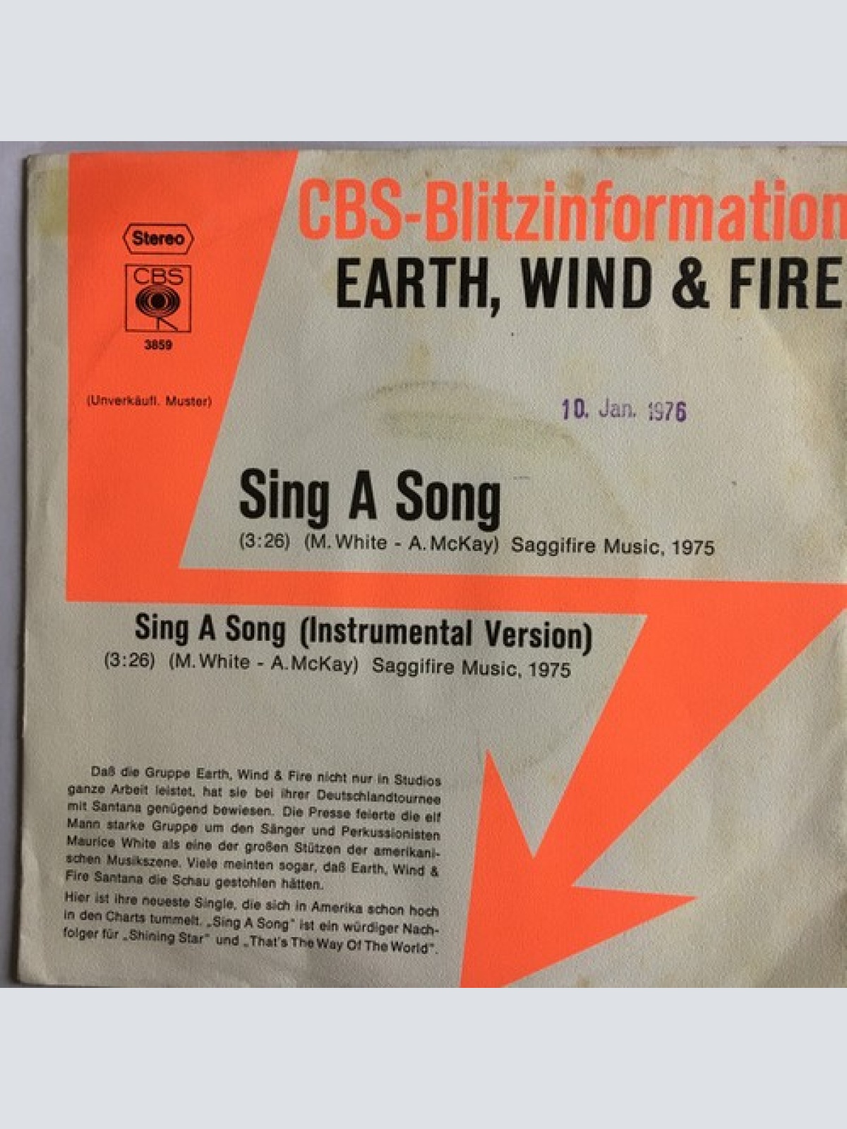 7", Single, Promo Earth, Wind & Fire - Sing A Song