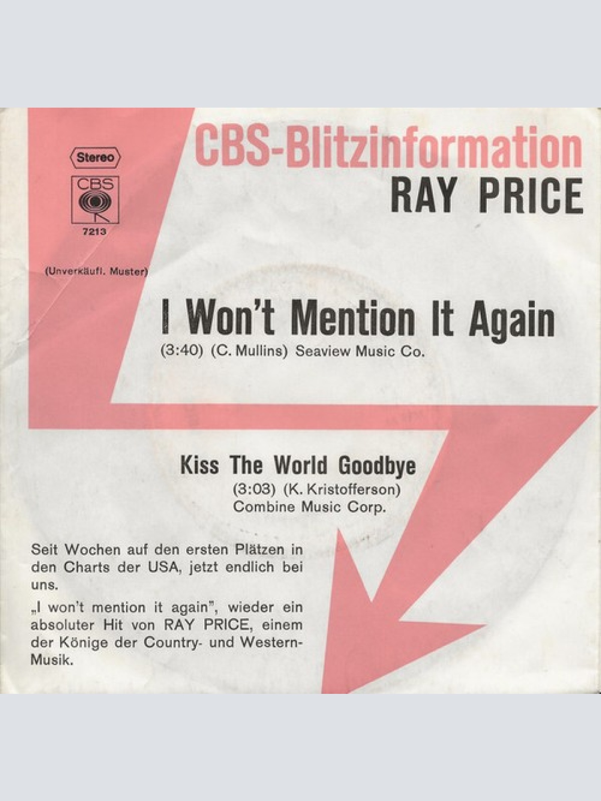7", Promo Ray Price - I Won't Mention It Again