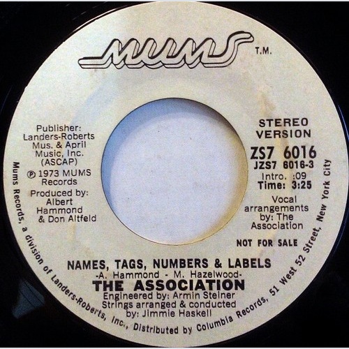 7", Mono, Promo The Association (2) - Names, Tags, Numbers & Labels