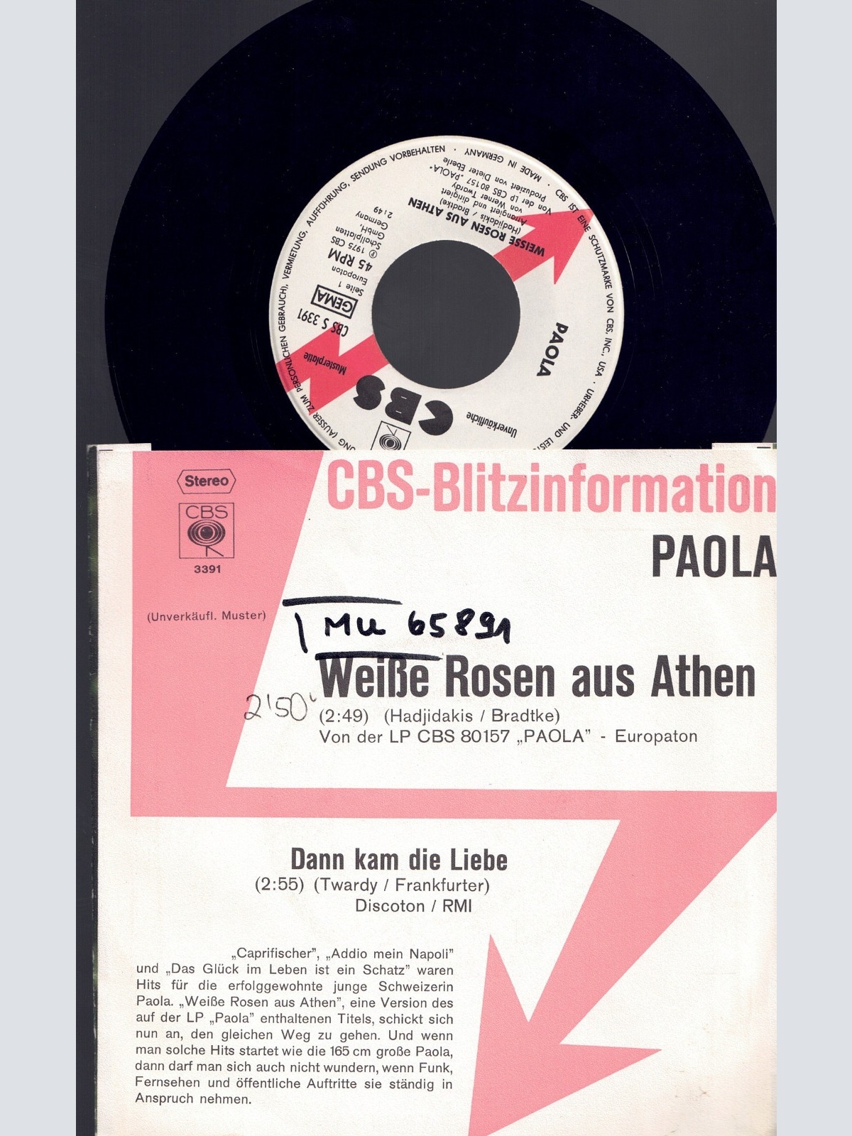 7"  Paola Weiße Rosen aus Athen    Promo