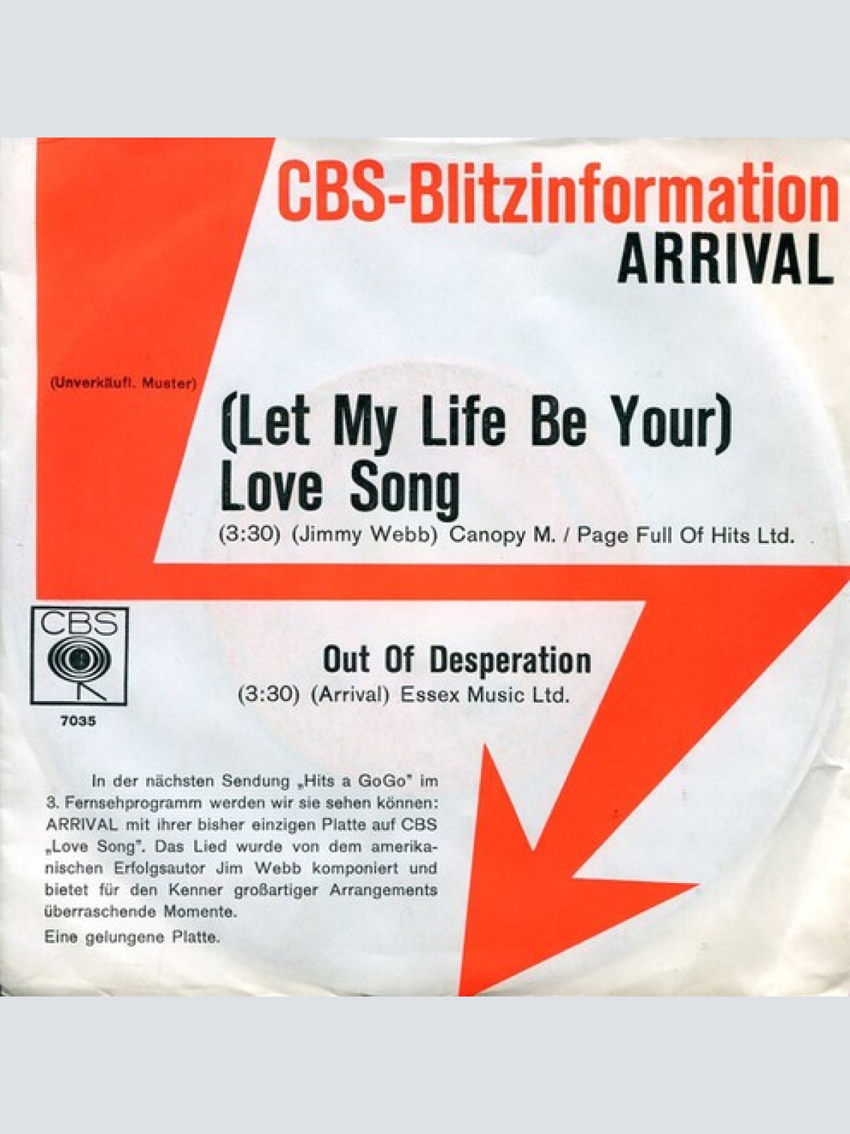 7", Single, Promo Arrival (2) - (Let My Life Be Your) Love Song