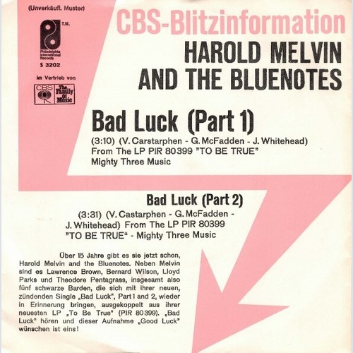 7", Single, Promo Harold Melvin And The Blue Notes - Bad Luck (Part 1 & 2)