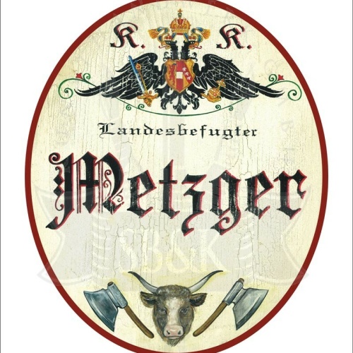 KuK Nostalgie Holzschild - Landesbefugter Metzger - Ochse Fleischerbeil TH