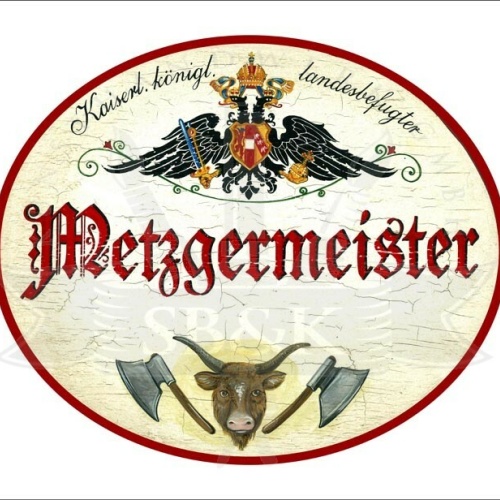 KuK Nostalgie Holzschild - Landesbefugter Metzgermeister -Ochse Fleischerbeil TH