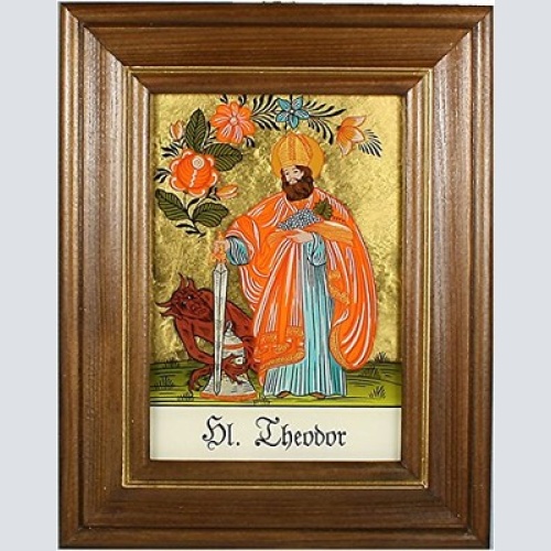 Hinterglaswerkstätten - Hinterglasbild / Patronatsbild Hl. Theodor mit braun