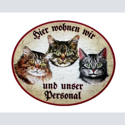 Kuk nostalgie holzschild "hier wohnen wir u.u.personal“ trio katze tabby sibir.