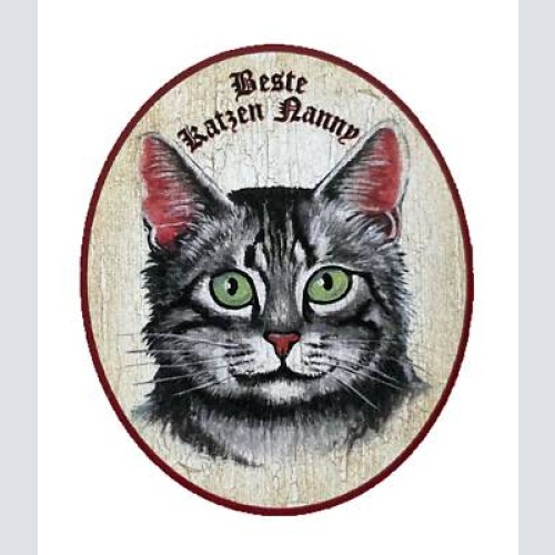 Kuk nostalgie holzschild “beste katzen nanny“ katze sitterin tabby getigert grau