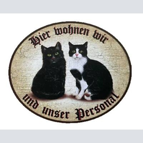 Kuk nostalgie holzschild "hier wohnen wir u.u. personal“ duo katze schwarz weiß