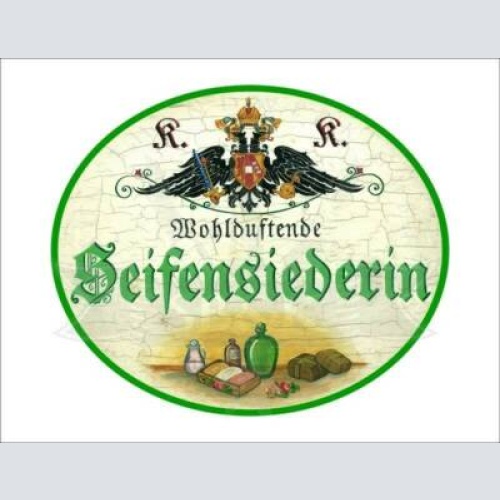 Kuk nostalgie holzschild - wohlduftende seifensiederin - flaschen öl th