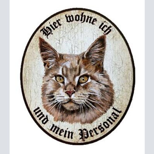 Kuk nostalgie holzschild "hier wohne ich und mein personal“ katze maine coon