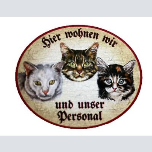 Kuk nostalgie holzschild "hier wohnen wir u.u. personal“ trio katze tabby baby w