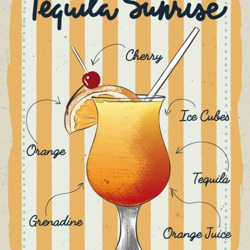 Schild Tequila Sunrise Cocktail Rezept Alkohol Bar 12x18 20x30 30x40 Blech/Holz