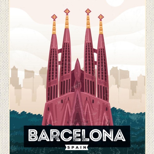 Schild Barcelona Spain Spanien Stadt Illustration 12x18 20x30 30x40 Blech/Holz