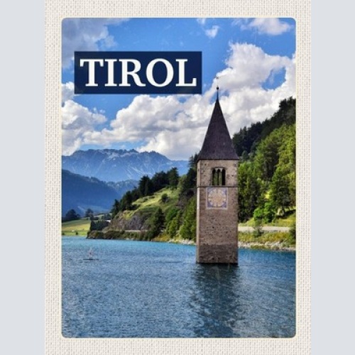 Schild Kirche Turm Reschensee Süd Tirol Italien 12x18 20x30 30x40 Blech/Holz