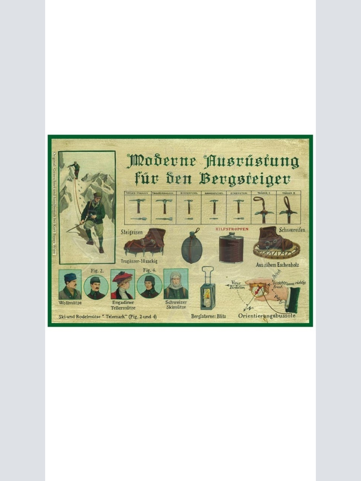 KuK Nostalgie Holzschild "Moderne Ausrüstung für den Bergsteiger"