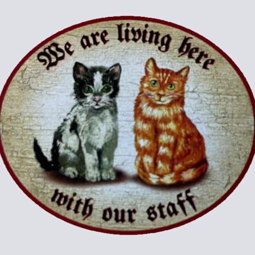 Nostalgie Holz Schild We Are Living Here With Our Staff Katzen Katze Personal