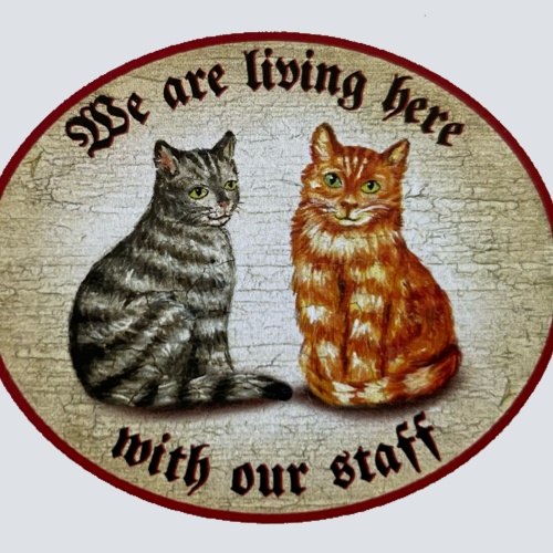 Nostalgie Holz Schild We Are Living Here With Our Staff Katzen Katze Personal