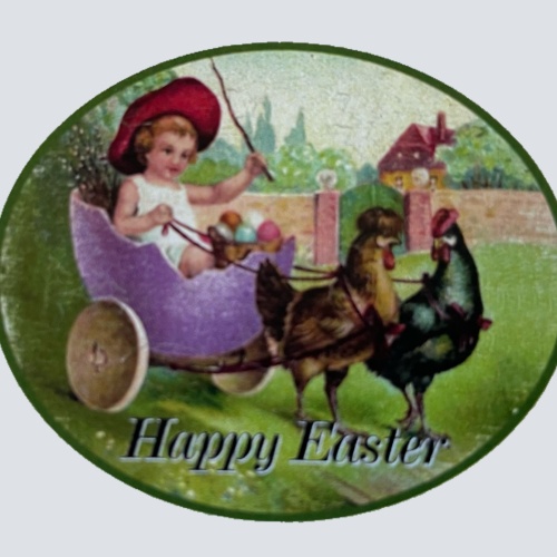 Nostalgie Holzschild Happy Easter Frohe Ostern Osterei Hühner Kind Wagen Schild