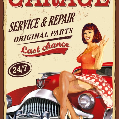 Nostalgie Schild Garage Service Repair Frau 12x18 / 20x30 / 30x40 Blech od. Holz